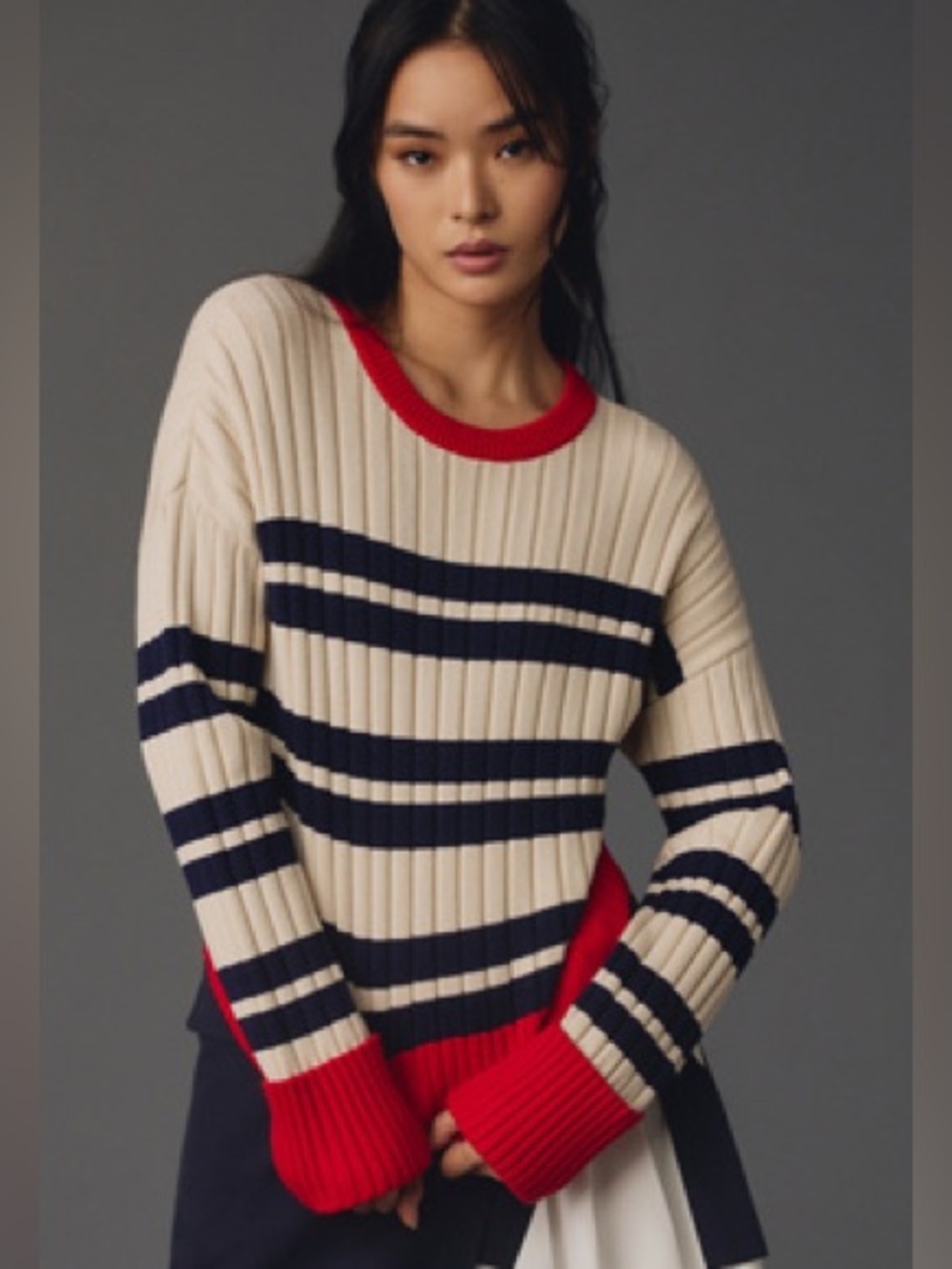 Maeve by Anthropologie Rib Crew Compact Pullover Sweater Cream & Navy Striped - Picture 1 of 16